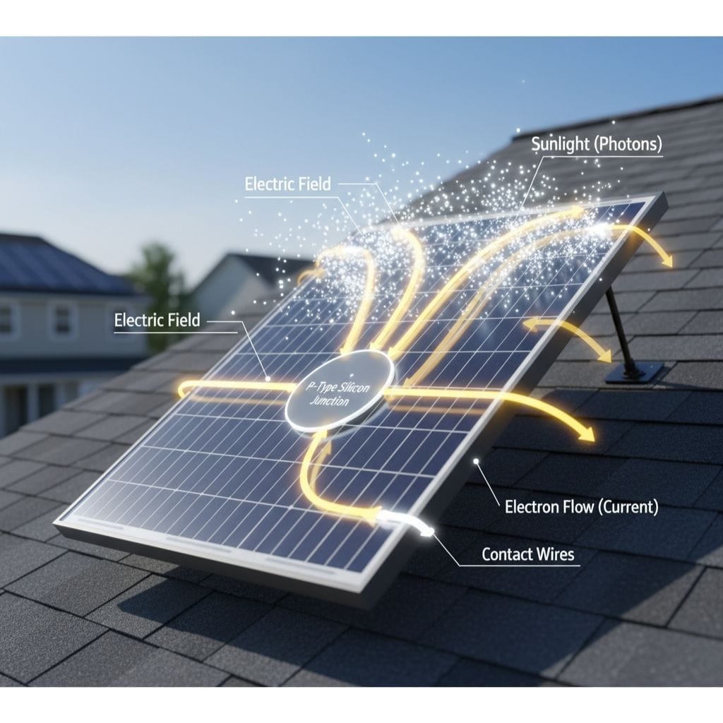 Diagram on a rooftop solar panel showing sunlight (photons) creating an electric field and electron flow (current) through a P-type silicon junction and contact wires, explaining how solar cells generate electricity.