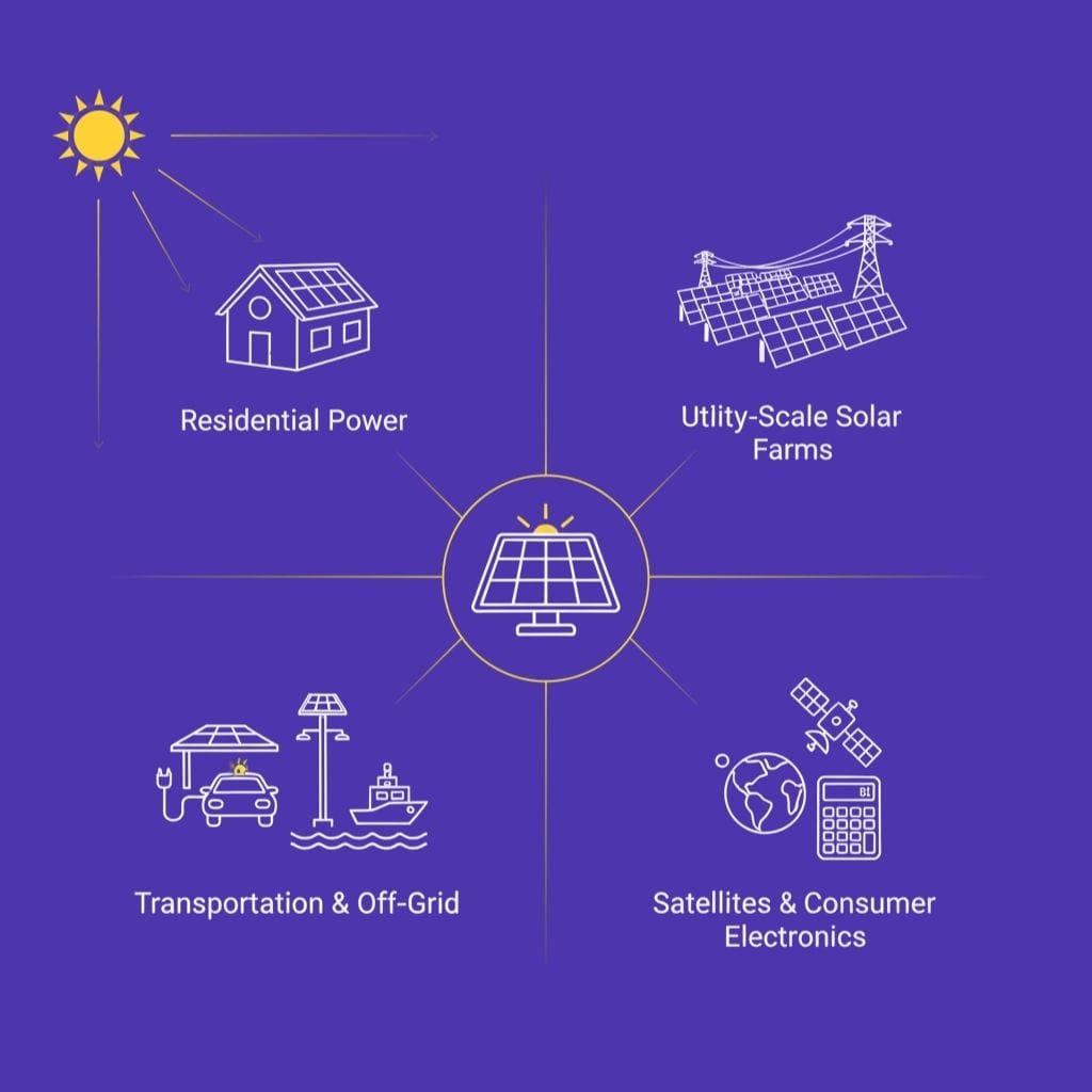 Infographic showcasing diverse applications of solar power, including Residential Power, Utility-Scale Solar Farms, Transportation & Off-Grid uses (electric vehicles, boats), and Satellites & Consumer Electronics, with a central sun and solar panel icon.