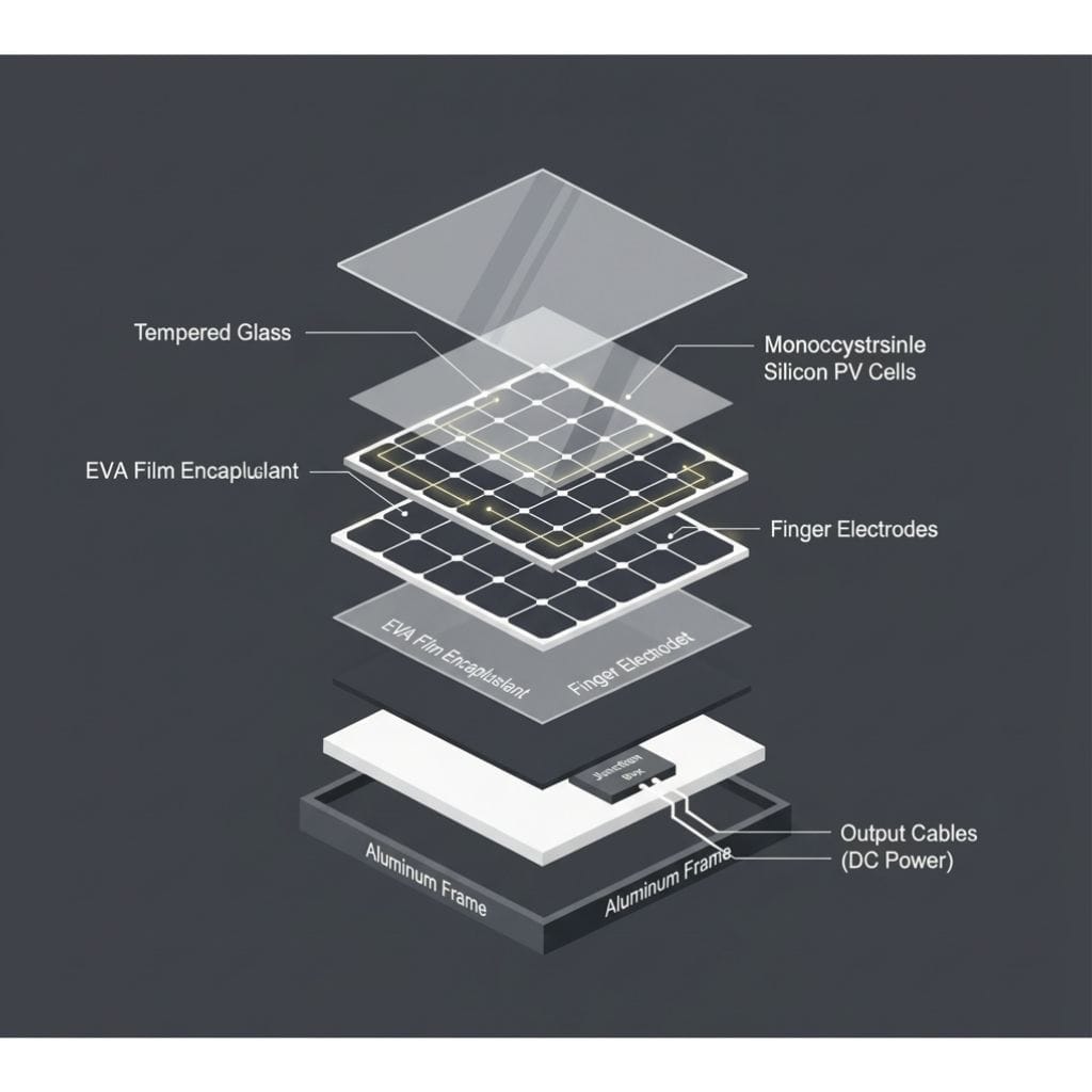 Exploded diagram of a solar panel, detailing layers including Tempered Glass, EVA Film Encapsulant, Monocrystalline Silicon PV Cells with Finger Electrodes, Back Sheet, and Aluminum Frame, along with a Junction Box and Output Cables (DC Power), illustrating solar panel construction.