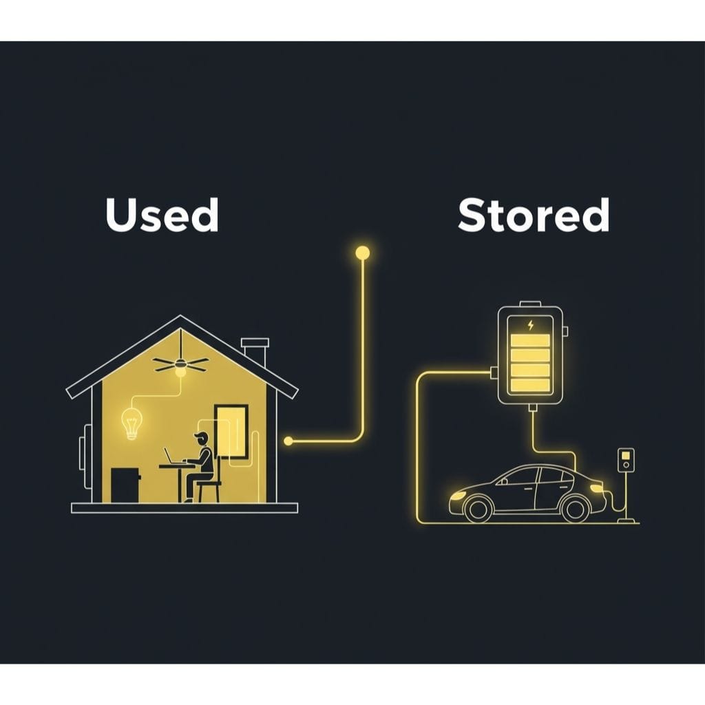 Infographic illustrating the dual uses of generated electricity: "Used" for powering a home with a person working on a laptop, and "Stored" in a battery, then charging an electric vehicle, demonstrating energy consumption and storage solutions.