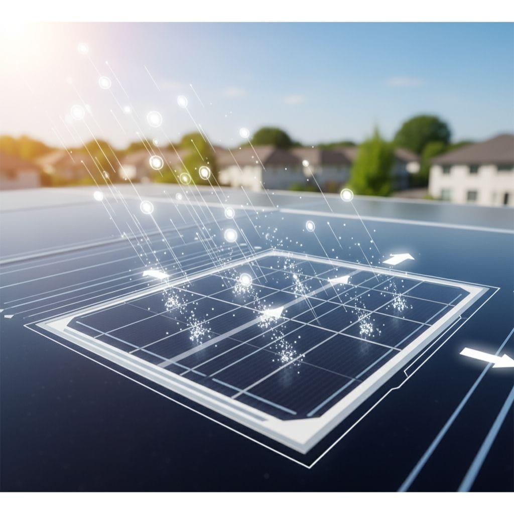 Close-up of a solar panel with glowing light particles and arrows illustrating energy capture and flow, representing efficient solar energy conversion and photovoltaic technology with residential homes in the blurred background.