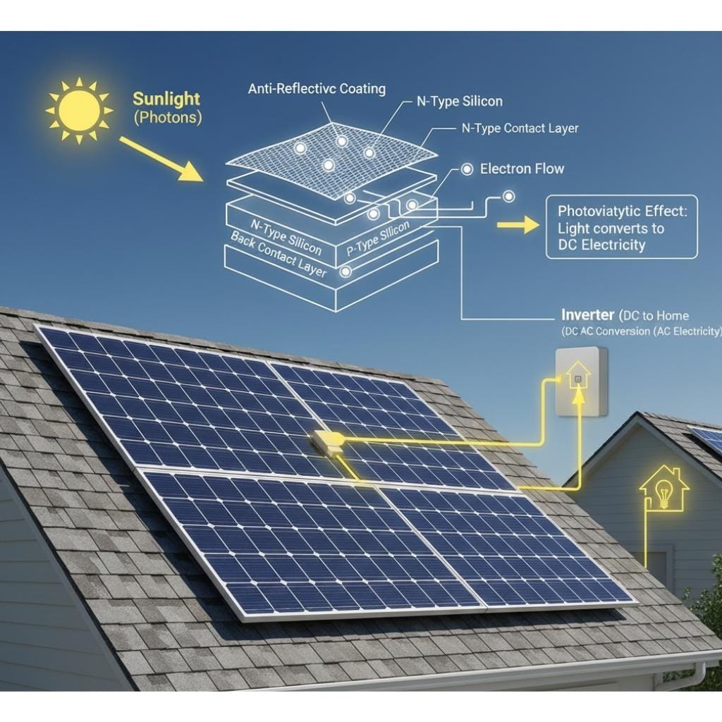 Diagram showing how sunlight (photons) interacts with an anti-reflective coating, N-type silicon, and P-type silicon layers in a solar panel to create electron flow, leading to the photovoltaic effect which converts light into DC electricity, then an inverter converts it to AC electricity for home use, illustrated on a rooftop solar installation.