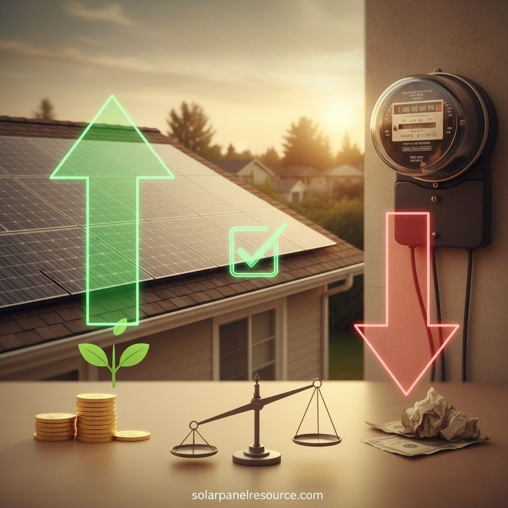 An image depicting the financial benefits of solar energy. On the left, a house with solar panels on its roof is shown under a sunrise sky. A large glowing green arrow points upwards from a stack of gold coins and a small plant, signifying growth and savings, with a green checkmark indicating approval. On the right, an electricity meter is attached to a wall, with a large glowing red arrow pointing downwards towards crumpled dollar bills, representing decreased expenses. A balance scale is positioned in the center, between the ascending green arrow and descending red arrow, symbolizing the balance of investment and savings. The website "solarpanelresource.com" is at the bottom.