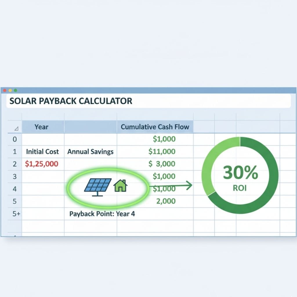 A "SOLAR PAYBACK CALCULATOR" spreadsheet showing a cumulative cash flow over several years. The initial cost is $1,250,000 in Year 1. The annual savings are not explicitly shown but are used to calculate the cumulative cash flow. The cumulative cash flow for Year 0 is $1,000, Year 1 is $11,000, Year 2 is $3,000, Year 3 is $1,000, Year 4 is -$1,000, and Year 5+ is $2,000. The "Payback Point: Year 4" is highlighted, next to a solar panel and house icon, with an arrow pointing to a circular chart showing "30% ROI".