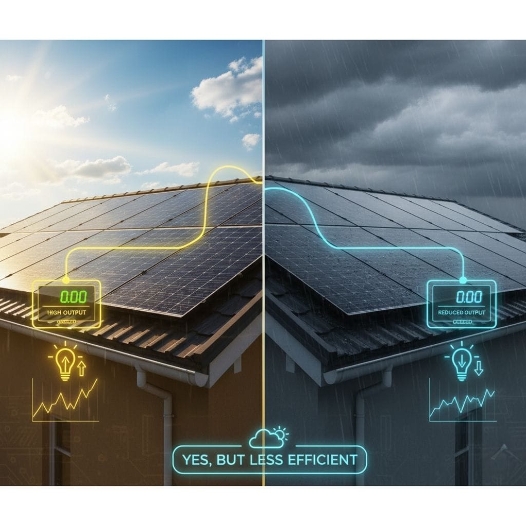 Split image demonstrating solar panel performance: one side shows "High Output" on a sunny day with bright yellow energy lines, and the other shows "Reduced Output" on a rainy, cloudy day with blue energy lines, illustrating that solar panels are "YES, BUT LESS EFFICIENT" in bad weather.