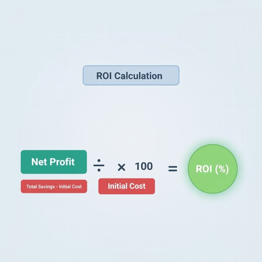 ROI Calculation diagram. The formula for ROI (%) is presented as: (Net Profit / Initial Cost) * 100. Net Profit is further defined as "Total Savings - Initial Cost".