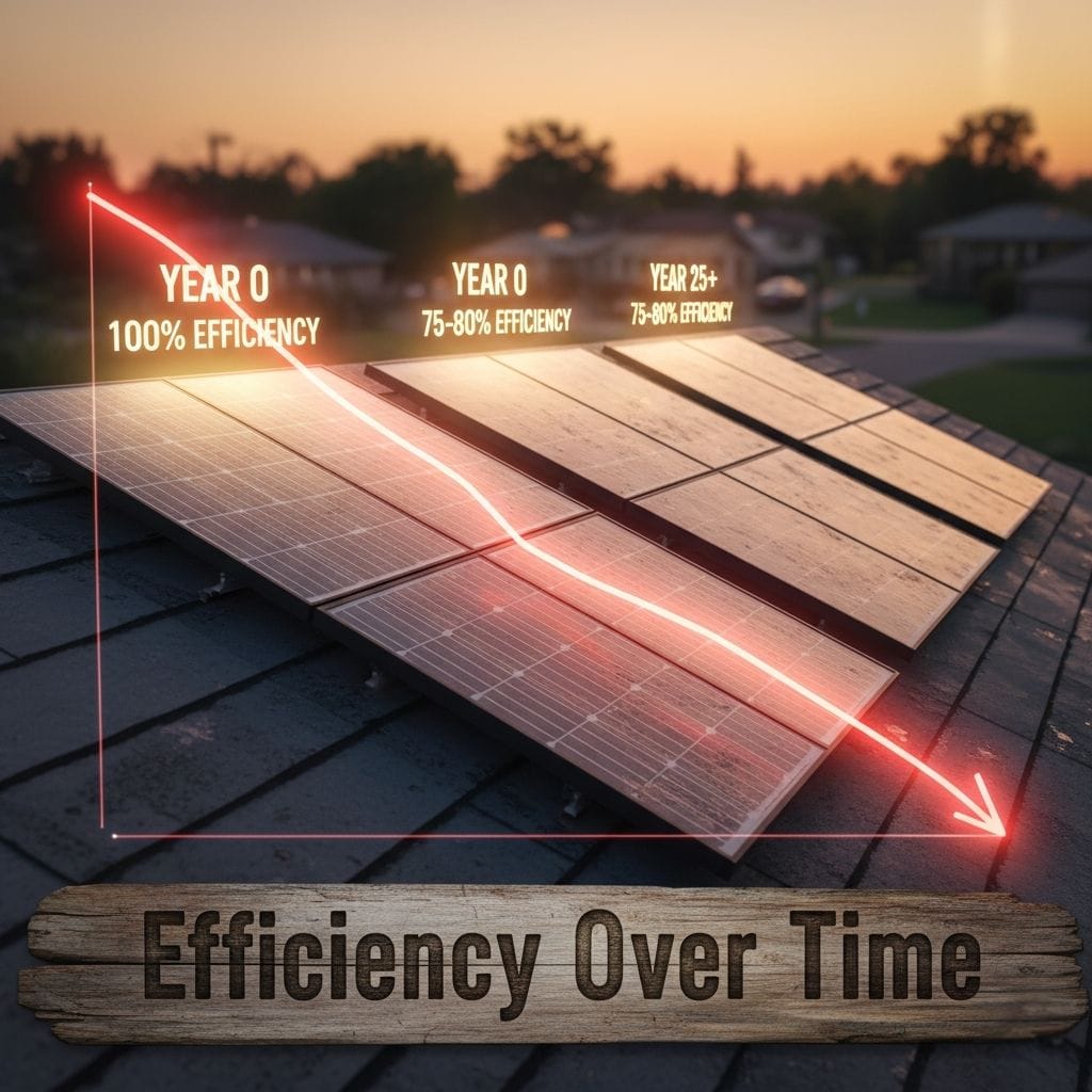 An image depicting "Efficiency Over Time" of solar panels on a rooftop at sunset. A glowing red line graph overlaid on the image shows a downward trend, starting with "YEAR 0 - 100% EFFICIENCY," dropping to "YEAR 0 - 75-80% EFFICIENCY" (likely meaning after initial installation/some time) and then stabilizing at "YEAR 25+ - 75-80% EFFICIENCY." The solar panels are illuminated by the setting sun, and residential houses are visible in the blurred background. A wooden plank graphic at the bottom reads "Efficiency Over Time."