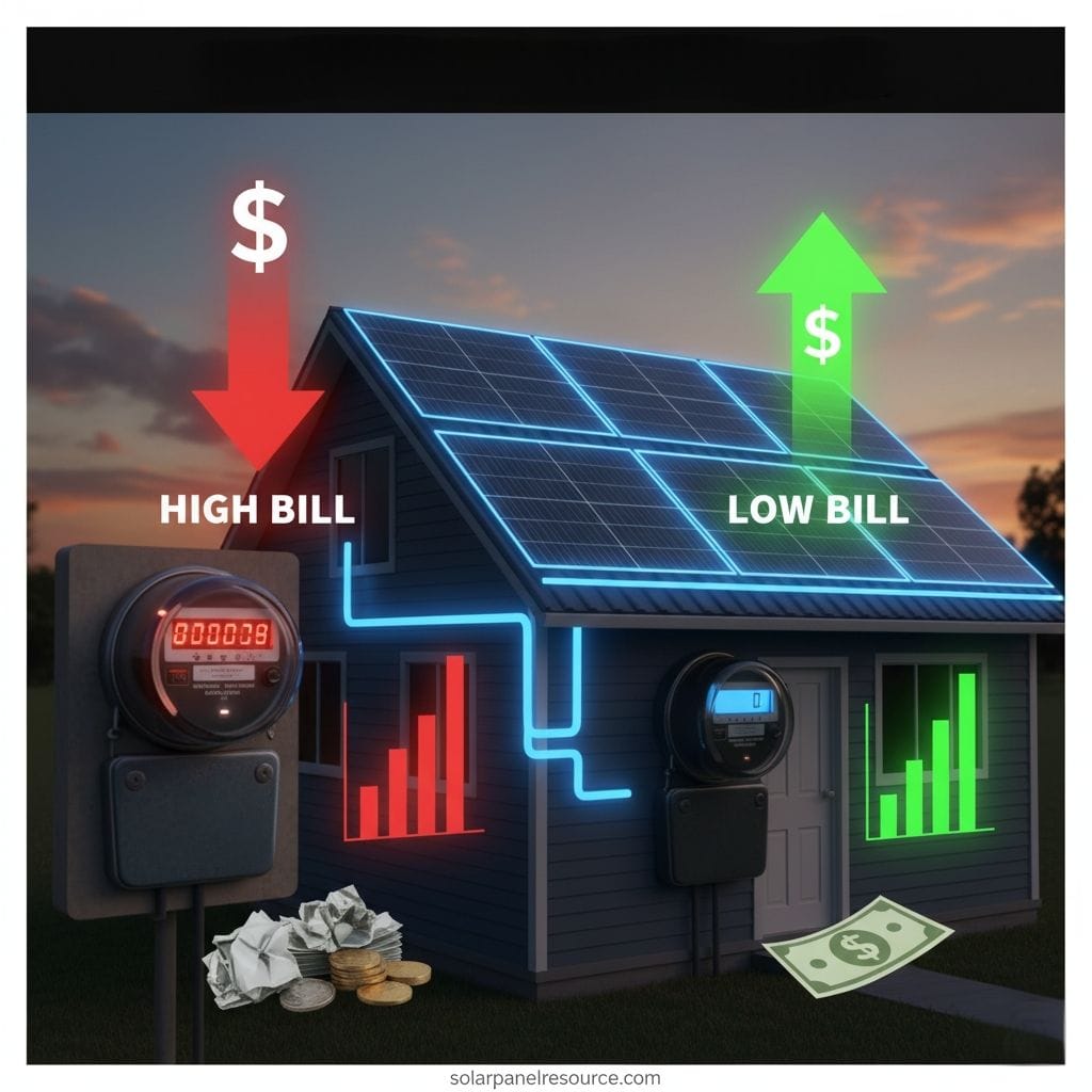 An image illustrating the financial impact of solar panels on electricity bills. On the left, an old electricity meter with a red digital display indicates "HIGH BILL," with a red downward arrow pointing towards crumpled money. Bar graphs inside the left windows of the house are red and low. On the right, a house with illuminated solar panels on the roof and blue glowing lines indicating energy flow to a modern electricity meter. This side shows "LOW BILL" with a green upward arrow pointing away from a crisp dollar bill. Bar graphs inside the right windows of the house are green and high. The website "solarpanelresource.com" is at the bottom.