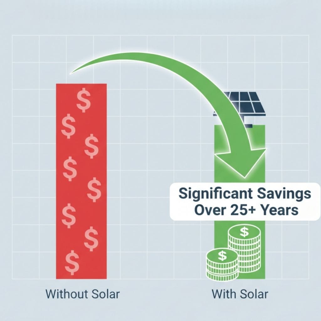 A bar chart comparing "Without Solar" and "With Solar" savings. The "Without Solar" bar is red and much taller, filled with dollar signs, indicating higher costs. The "With Solar" bar is green and significantly shorter, topped with a solar panel icon and a large downward green arrow representing reduced costs. Below the green bar, there's a stack of green coins with dollar signs, and a text box reads "Significant Savings Over 25+ Years."
