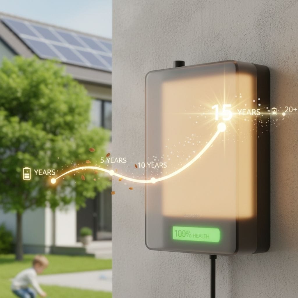 A solar cell. A house with solar panels in the background. A tree in front of the house. And a child playing in the garden.