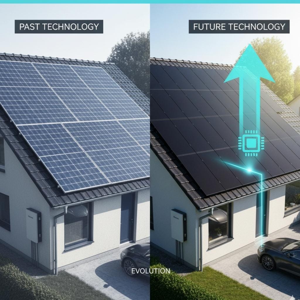 A split image comparing "PAST TECHNOLOGY" and "FUTURE TECHNOLOGY" in solar energy, with "EVOLUTION" written at the bottom.
On the left side, representing "PAST TECHNOLOGY," a house features traditional blue-hued solar panels on its roof and a white inverter unit on the side. The house's exterior is lighter in tone.
On the right side, representing "FUTURE TECHNOLOGY," the same house has sleek, black, integrated solar panels. A bright blue glowing arrow points upwards from the roof, connected to a microchip icon, symbolizing advanced energy capture and efficiency. The house's exterior is slightly darker. Both sides show a car parked in the driveway and green foliage around the house.