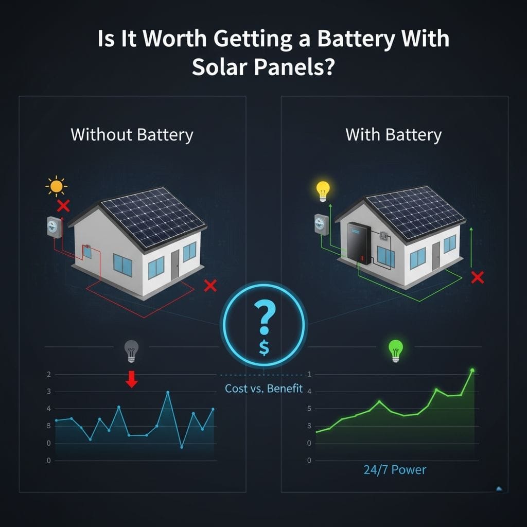 Infographic comparing solar panel systems "Without Battery" (showing grid dependency and potential outages) versus "With Battery" (illustrating 24/7 power, energy storage, and improved cost-benefit), addressing the question "Is It Worth Getting a Battery With Solar Panels?"