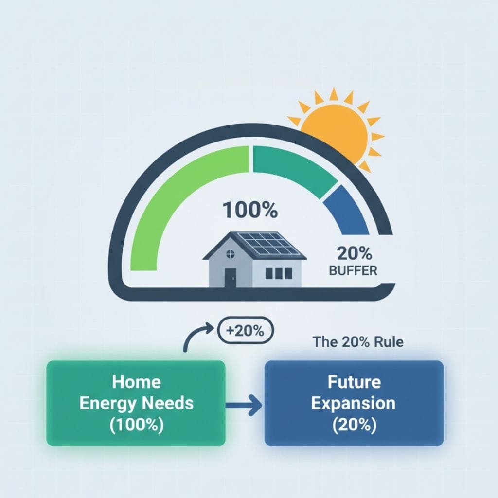 Illustration of the 20% rule for solar energy systems, showing 100% home energy needs plus a 20% buffer for future expansion, represented by a house with solar panels and a sun icon.