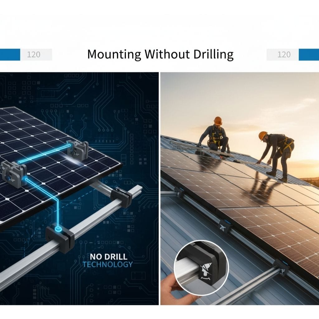 Split image demonstrating "Mounting Without Drilling" for solar panels: one side shows a technical diagram of "No Drill Technology" with glowing blue connections, and the other shows workers installing solar panels on a metal roof using a drilling-free clamp system, highlighting innovative installation methods.