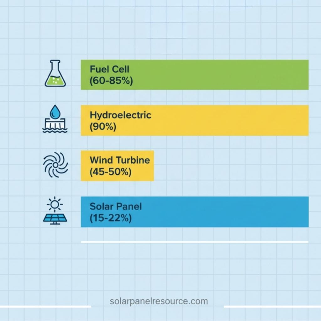 A bar chart displaying the efficiency percentages of different energy sources. From top to bottom: Fuel Cell (60-85%) with a green bar and a flask icon, Hydroelectric (90%) with a yellow bar and a water icon, Wind Turbine (45-50%) with an orange bar and a wind icon, and Solar Panel (15-22%) with a blue bar and a sun and panel icon. The website "solarpanelresource.com" is at the bottom.
