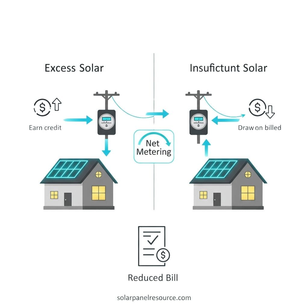 A diagram illustrating "Net Metering" for solar energy. On the left, under "Excess Solar," a house with solar panels sends power to the grid via a meter, with an icon showing an upward arrow from a dollar sign and text "Earn credit." On the right, under "Insufficient Solar," a house with solar panels draws power from the grid, with an icon showing a downward arrow to a dollar sign and text "Draw on billed." Both scenarios connect through "Net Metering" in the center. Below, an icon of a bill with a checkmark and dollar sign indicates "Reduced Bill." The website "solarpanelresource.com" is at the bottom.