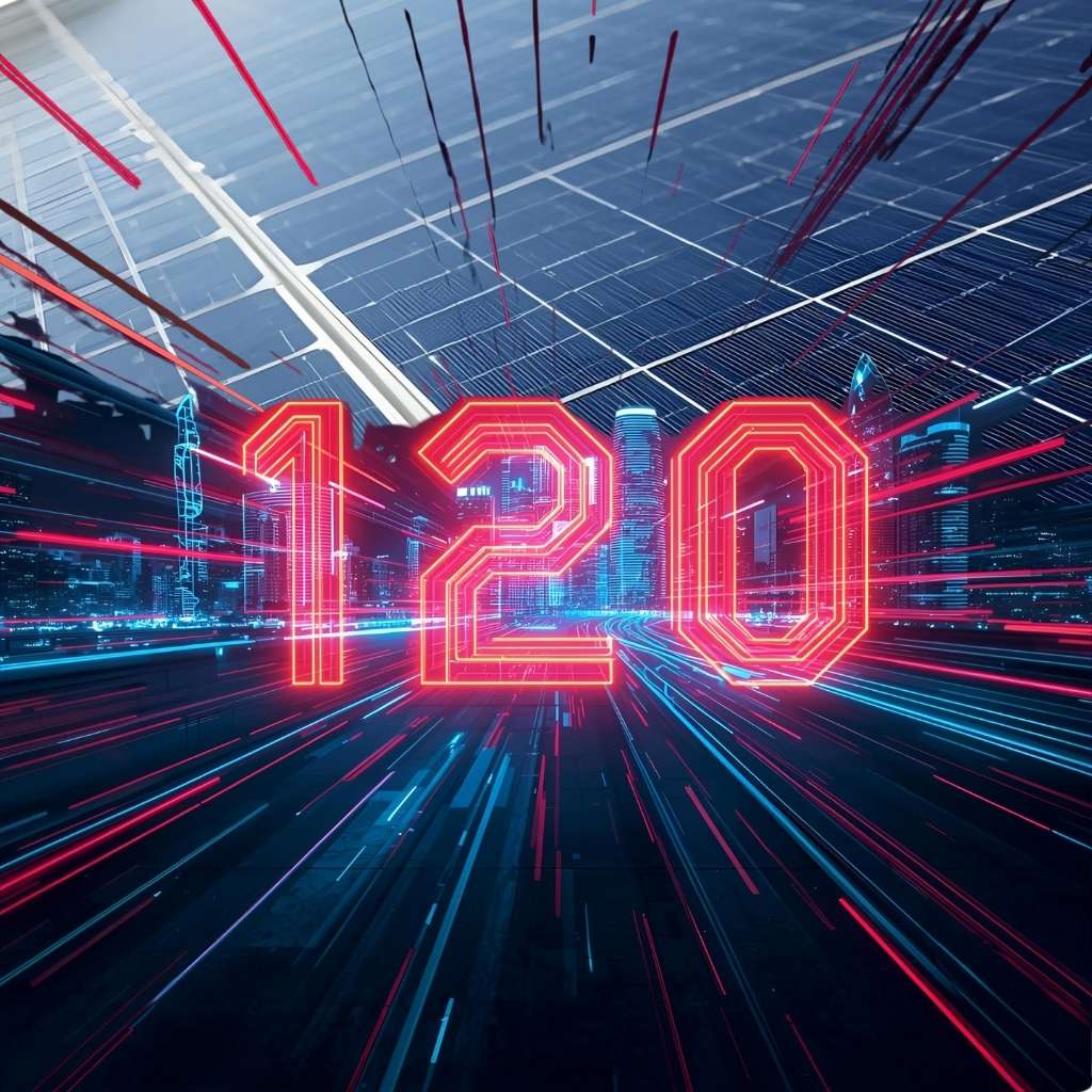 Vibrant digital illustration featuring the glowing red number "120" with motion blur, set against a backdrop of a futuristic cityscape and solar panels, suggesting speed, innovation, and renewable energy.