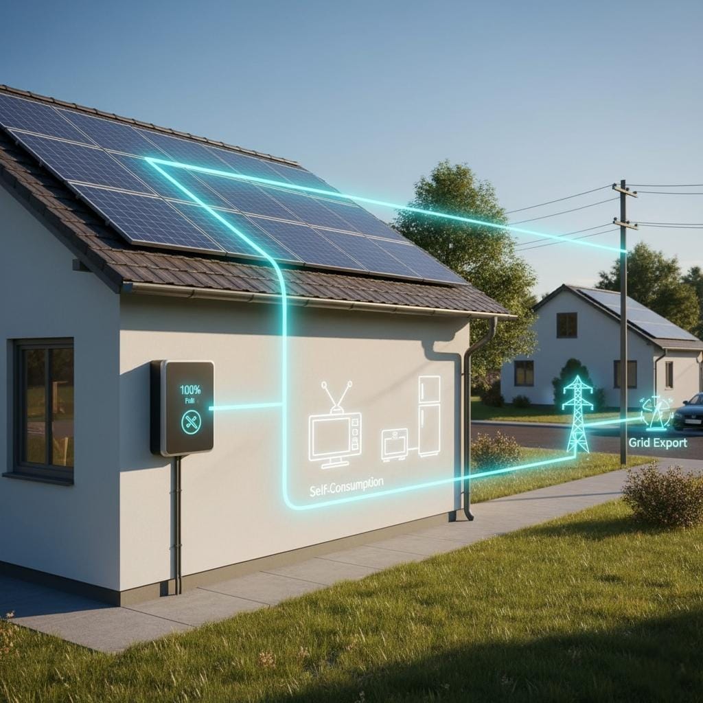 A tile-roofed house with solar panels. Batteries and utility poles and wiring are located outside. This shows what happens to the solar panels when the batteries are charged.