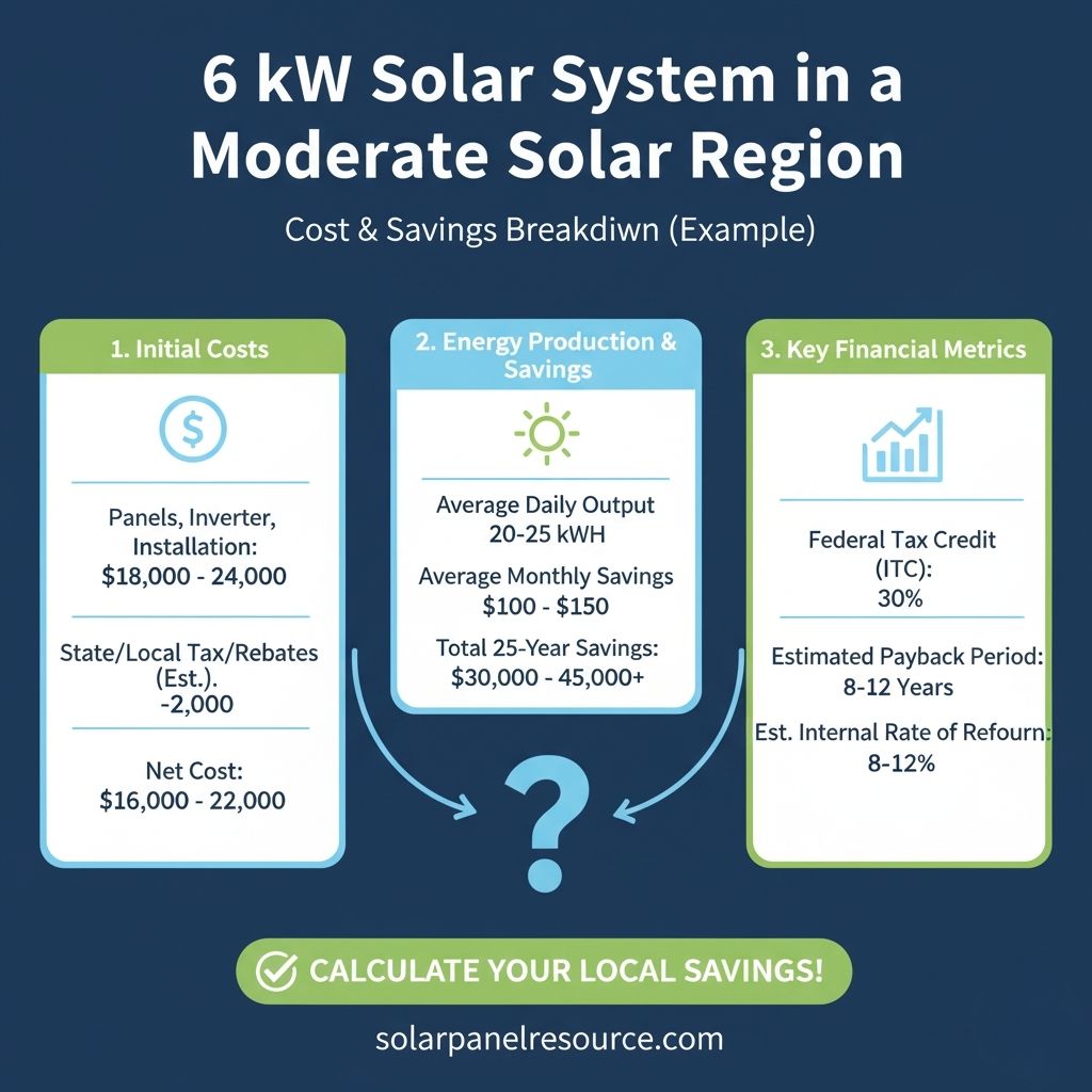 Infographic example of a 6 kW Solar System in a Moderate Solar Region, detailing Cost & Savings. It covers Initial Costs ($18,000-24,000 for panels, inverter, installation, minus $2,000 for rebates, resulting in $16,000-22,000 net cost). Energy Production & Savings show average daily output of 20-25 kWh, average monthly savings of $100-150, and total 25-year savings of $30,000-45,000+. Key Financial Metrics include a 30% Federal Tax Credit (ITC), estimated payback period of 8-12 years, and estimated internal rate of return of 8-12%. Prompts users to 'CALCULATE YOUR LOCAL SAVINGS!' at solarpanelresource.com.