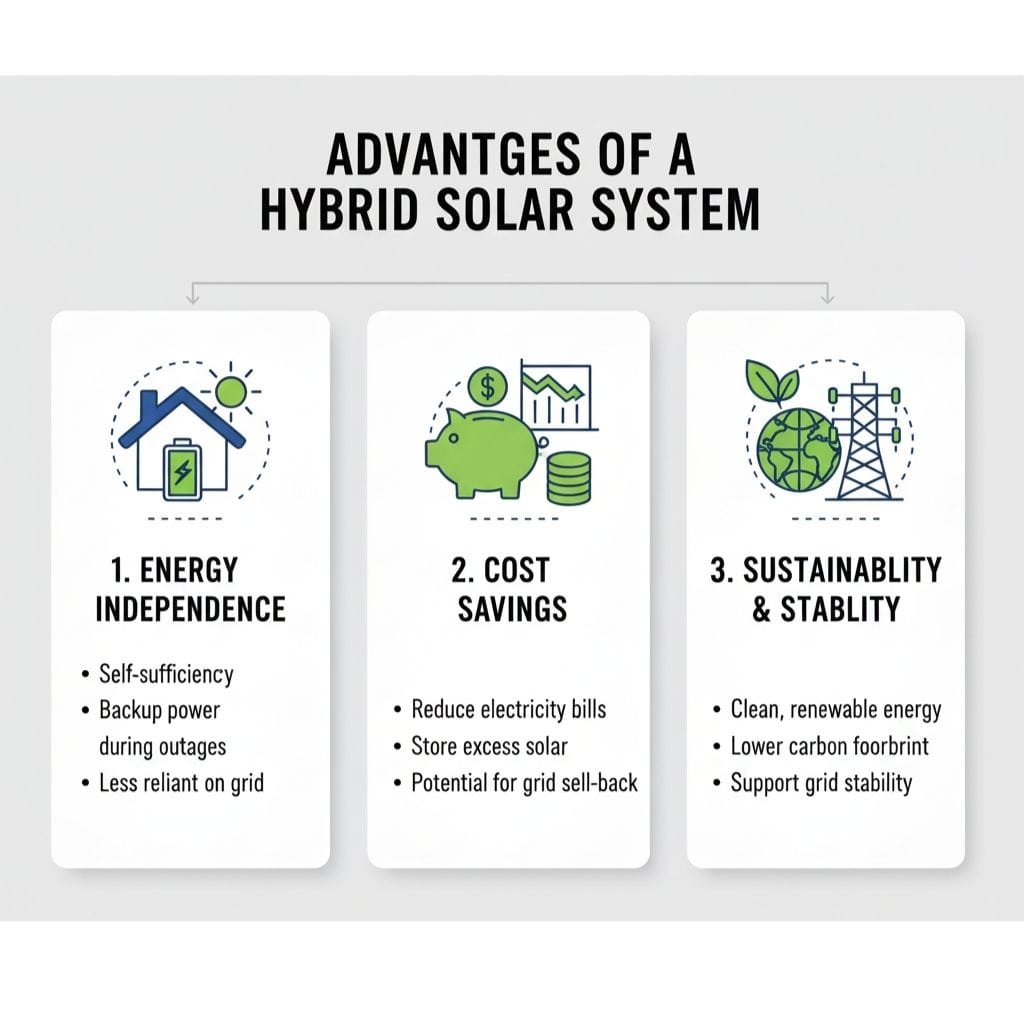 Infographic highlighting "Advantages of a Hybrid Solar System," including 1. Energy Independence (self-sufficiency, backup power, less grid reliance), 2. Cost Savings (reduced bills, excess solar storage, potential for grid sell-back), and 3. Sustainability & Stability (clean renewable energy, lower carbon footprint, grid support).