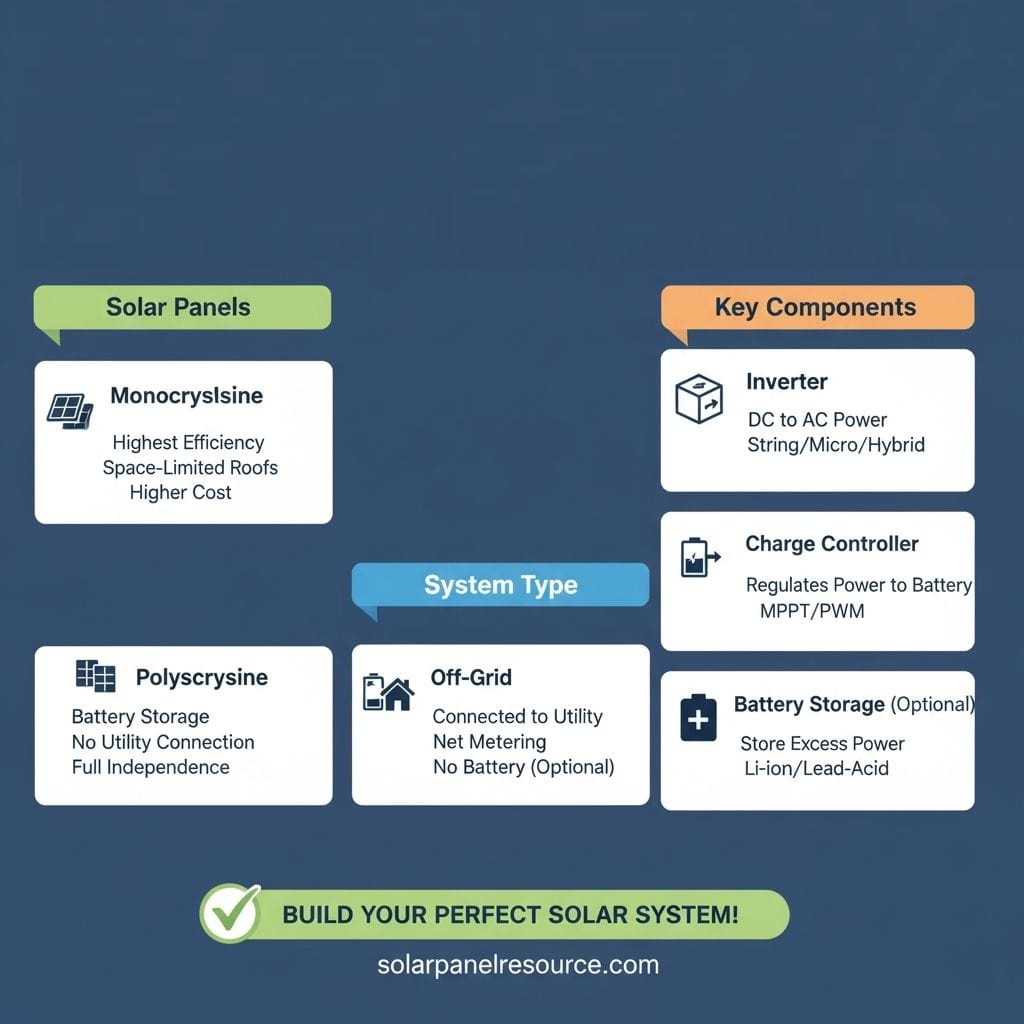 Infographic detailing solar system components: Solar Panels (Monocrystalline for high efficiency, Polycrystalline for battery storage/off-grid), System Type (Off-Grid for independence, Grid-Tied for net metering), and Key Components (Inverter for DC to AC, Charge Controller for battery regulation, Battery Storage for excess power). Includes icons for each component. Promotes building a perfect solar system. Visit solarpanelresource.com for more information.