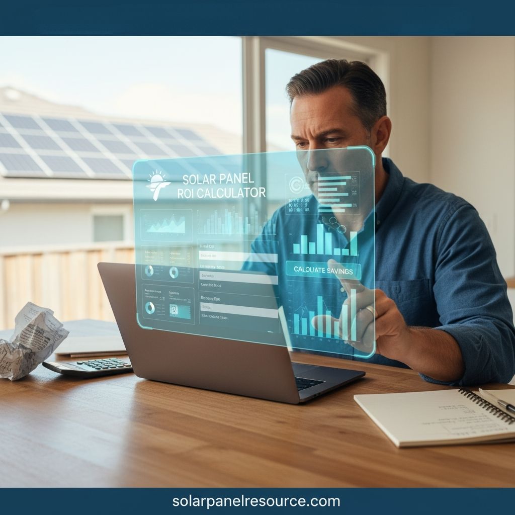 A man uses a laptop displaying a 'SOLAR PANEL ROI CALCULATOR' with a holographic interface, showing graphs and input fields to calculate savings from solar energy. Solar panels are visible on a rooftop outside a window, emphasizing real-world application. He appears focused, potentially analyzing costs and benefits. The image promotes solarpanelresource.com for solar ROI calculation tools.