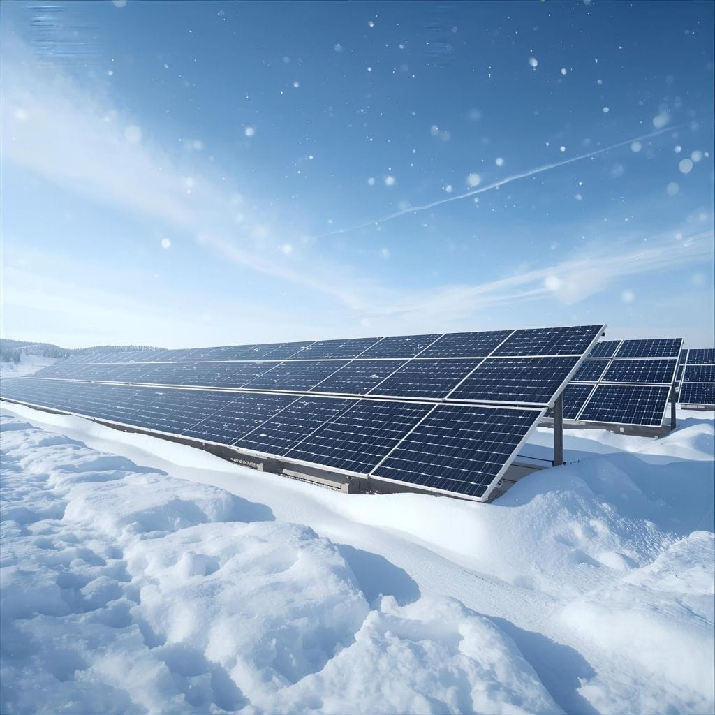 A large solar farm with numerous solar panels standing in deep snow under a bright blue sky with light snowfall. The panels are clear of snow, indicating functionality even in winter conditions, highlighting solar energy's resilience in cold climates.