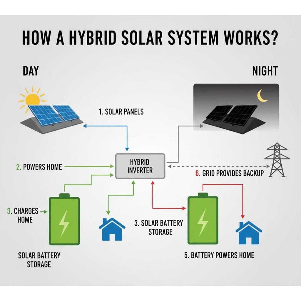 Infographic explaining "How a Hybrid Solar System Works," showing solar panels generating power during the day to power the home and charge battery storage, and at night, the battery powers the home, with the grid providing backup, illustrating energy flow in a hybrid solar setup.