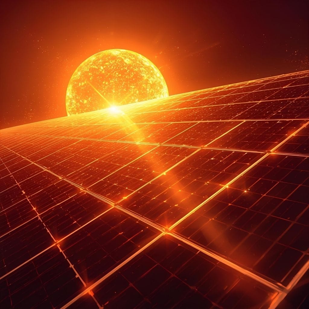 A vibrant, dramatic image of a vast array of solar panels glowing orange and red, directly beneath an intensely bright, fiery sun. The scene is set against a dark, starry sky, emphasizing powerful solar energy capture and the immense heat of the sun. Ideal for showcasing solar technology's efficiency and potential.