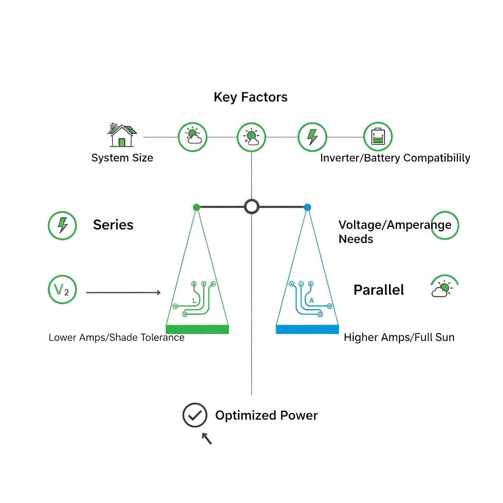 A diagram titled "Key Factors" for solar panel setup, illustrating series and parallel configurations. At the top, key factors are represented by icons: a house for "System Size," a sun and cloud for irradiance, a lightning bolt for power, and a battery for "Inverter/Battery Compatibility." Below, a balance scale compares "Series" (green side) and "Parallel" (blue side) connections. The "Series" side has a circuit board icon, notes "Lower Amps/Shade Tolerance," and shows a V2 icon. The "Parallel" side has a circuit board icon, notes "Higher Amps/Full Sun," and mentions "Voltage/Amperage Needs." Both sides show a lightning bolt icon. At the bottom, a checkmark and lightning bolt icon point to "Optimized Power."