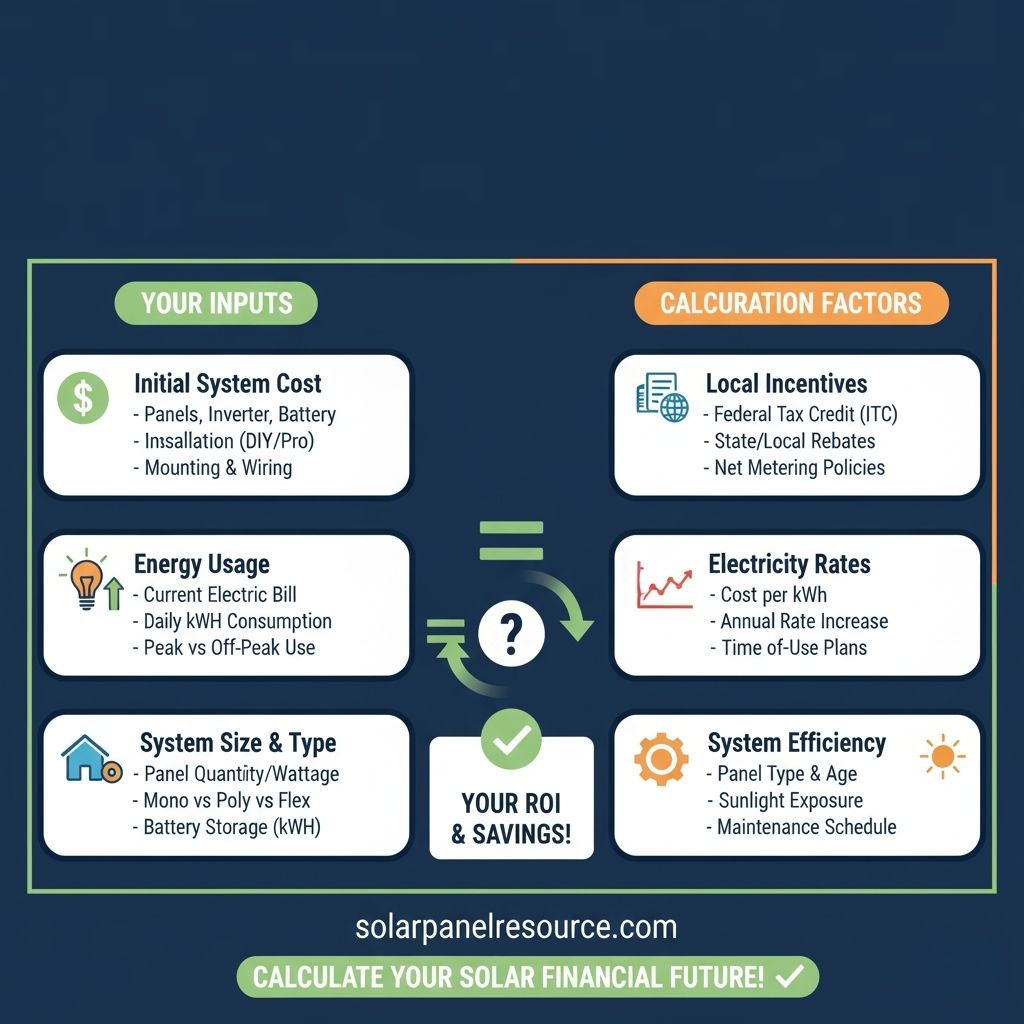 Infographic titled 'CALCULATE YOUR SOLAR FINANCIAL FUTURE!' detailing 'YOUR INPUTS' and 'CALCULATION FACTORS' for solar ROI. Inputs (green) include Initial System Cost (panels, inverter, battery, installation, mounting), Energy Usage (electric bill, daily KWH, peak/off-peak use), and System Size & Type (panel quantity/wattage, mono/poly/flex, battery storage). Calculation Factors (red) include Local Incentives (ITC, state/local rebates, net metering), Electricity Rates (cost per kWh, annual increase, time-of-use plans), and System Efficiency (panel type/age, sunlight exposure, maintenance). These factors lead to 'YOUR ROI & SAVINGS!' Learn more at solarpanelresource.com.