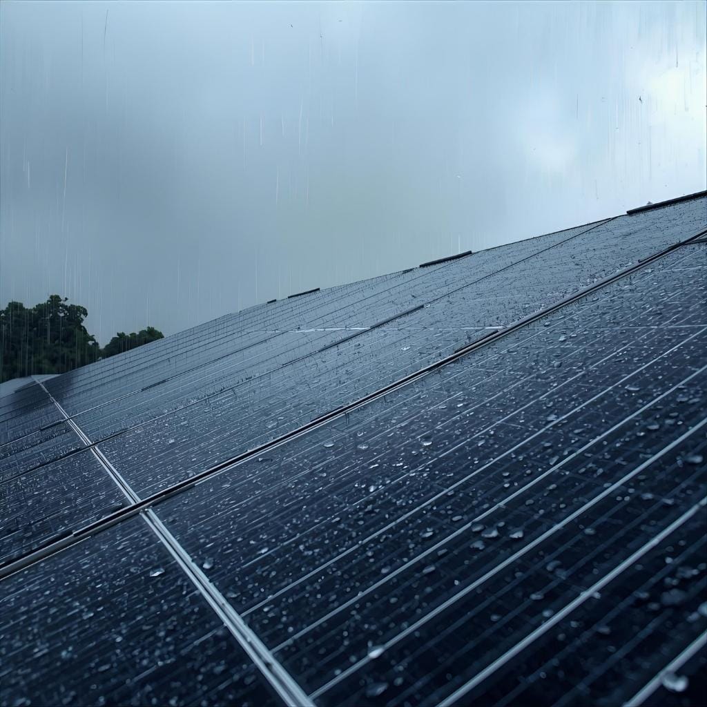 Close-up of a large array of solar panels on a rooftop, covered in raindrops during a rainy, overcast day. The dark panels reflect the cloudy sky, and distant trees are visible at the horizon, showcasing solar panel durability in wet weather conditions.