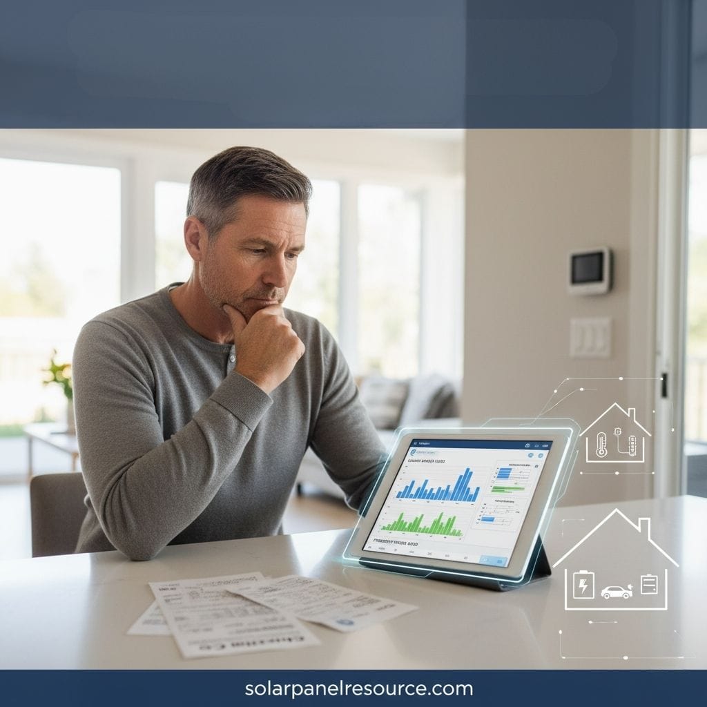 A thoughtful man reviews solar energy data on a tablet, with a holographic overlay showing smart home energy management icons like temperature, battery, and EV charging. He sits at a kitchen counter with bills, indicating financial considerations for solar power. The image promotes solarpanelresource.com for smart home energy solutions.