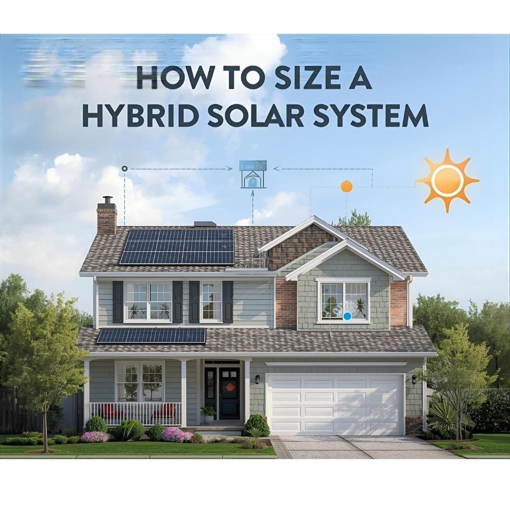 Diagram explaining "How to Size a Hybrid Solar System" with a house featuring rooftop solar panels, indicating energy flow from the sun to the home and grid, illustrating the process of determining optimal system size.