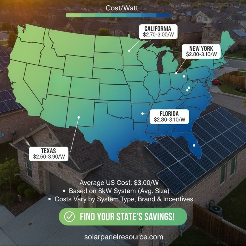 US map showing average solar panel cost per watt by state, highlighting California, New York, Florida, and Texas. The map uses a green to blue gradient to represent costs, overlaid on a suburban neighborhood with solar-equipped homes. Average US cost is $3.00/W for an 8kW system. Find state solar savings and incentives at solarpanelresource.com.