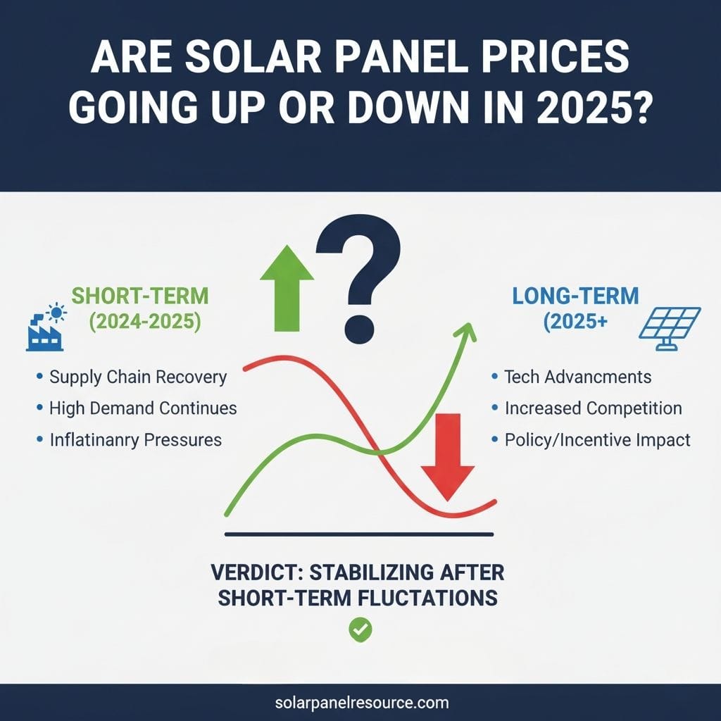 Infographic predicting solar panel prices in 2025, titled 'ARE SOLAR PANEL PRICES GOING UP OR DOWN IN 2025?'. It compares short-term (2024-2025) factors like supply chain recovery, high demand, and inflationary pressures, with long-term (2025+) factors like tech advancements, increased competition, and policy impact. A fluctuating graph shows short-term instability followed by long-term stabilization, concluding with 'VERDICT: STABILIZING AFTER SHORT-TERM FLUCTUATIONS.' Includes icons for factory, solar panel, and trend arrows. Learn more at solarpanelresource.com.