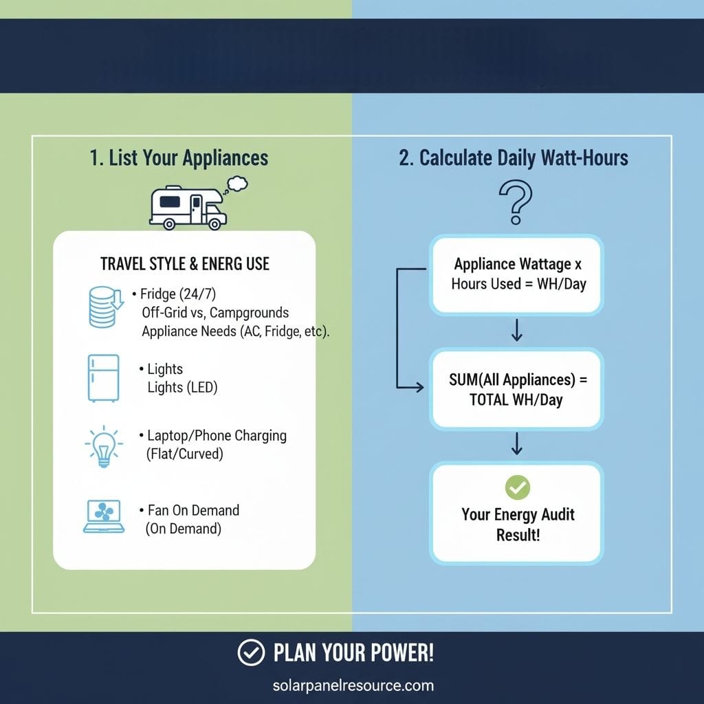 An infographic titled "PLAN YOUR POWER!" that outlines steps for an energy audit. The left side, labeled "1. List Your Appliances," details common RV appliances: "Fridge (24/7), Off-Grid vs, Campgrounds, Appliance Needs (AC, Fridge, etc.)" with an RV icon; "Lights" (LED) with a lightbulb icon; "Laptop/Phone Charging" (Flat/Curved) with a laptop icon; and "Fan On Demand" with a fan icon. The right side, labeled "2. Calculate Daily Watt-Hours," presents a flowchart: "Appliance Wattage x Hours Used = WH/Day" leading to "SUM (All Appliances) = TOTAL WH/Day," which then leads to "Your Energy Audit Result!" A question mark icon is at the top of this section. The bottom of the infographic includes a checkmark, "PLAN YOUR POWER!", and "solarpanelresource.com.