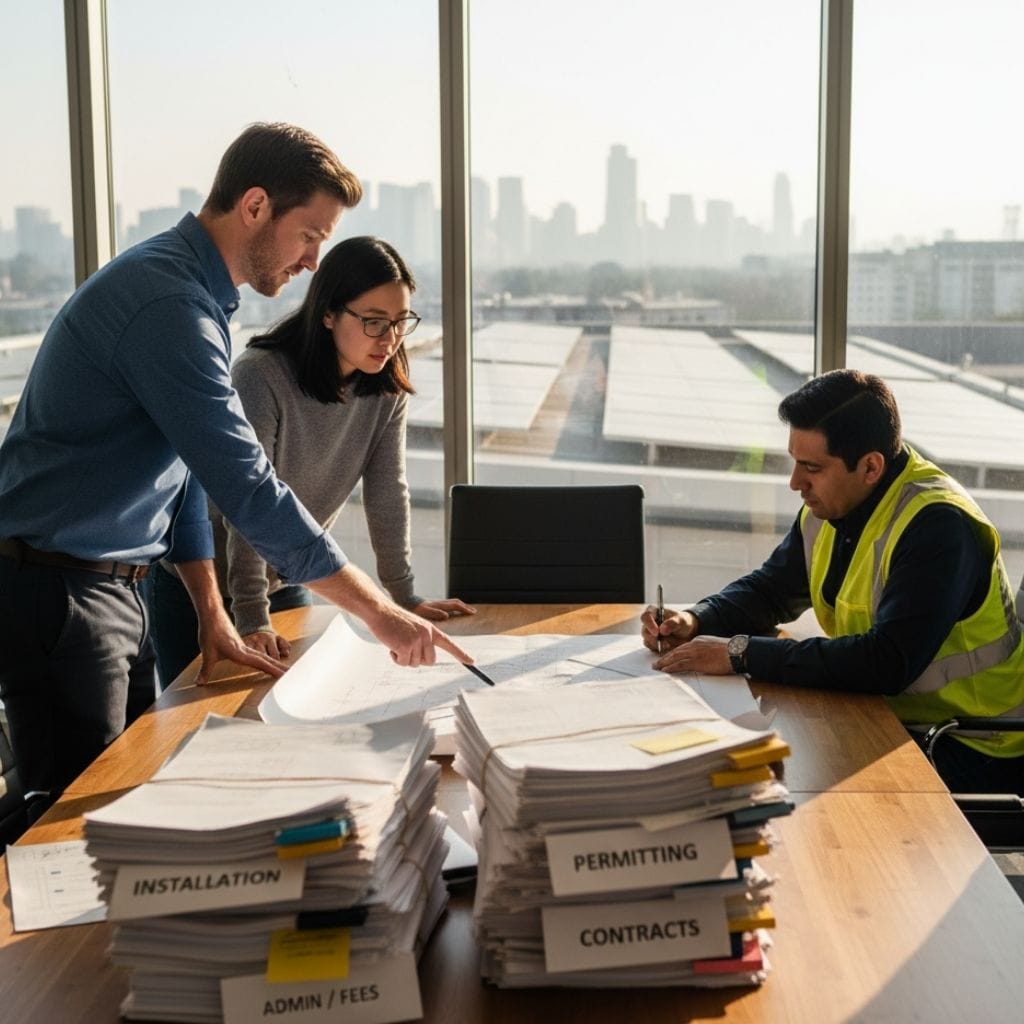 Three individuals are working at a large wooden table in an office with expansive windows overlooking a city skyline and a rooftop solar farm. In the foreground, there are two tall stacks of documents labeled "INSTALLATION," "ADMIN / FEES," "PERMITTING," and "CONTRACTS." A man in a blue shirt is pointing at blueprints spread on the table, while a woman in a grey sweater leans in to look. To their right, a man in a yellow safety vest is seated, writing on a document. The sunlight streams in from the windows, illuminating the scene.