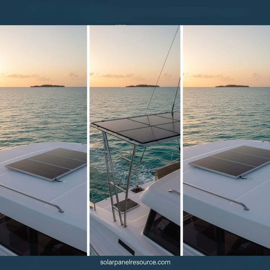 A triptych of images showing solar panels on a boat at sunset. Each panel of the triptych features a part of the boat's deck with solar panels, with the calm, turquoise ocean and a distant island visible in the background under a soft, golden sunset sky. The middle panel shows a raised solar array on a frame, while the left and right panels show flat-mounted solar panels on the boat's cabin top. The website "solarpanelresource.com" is at the bottom of the image.