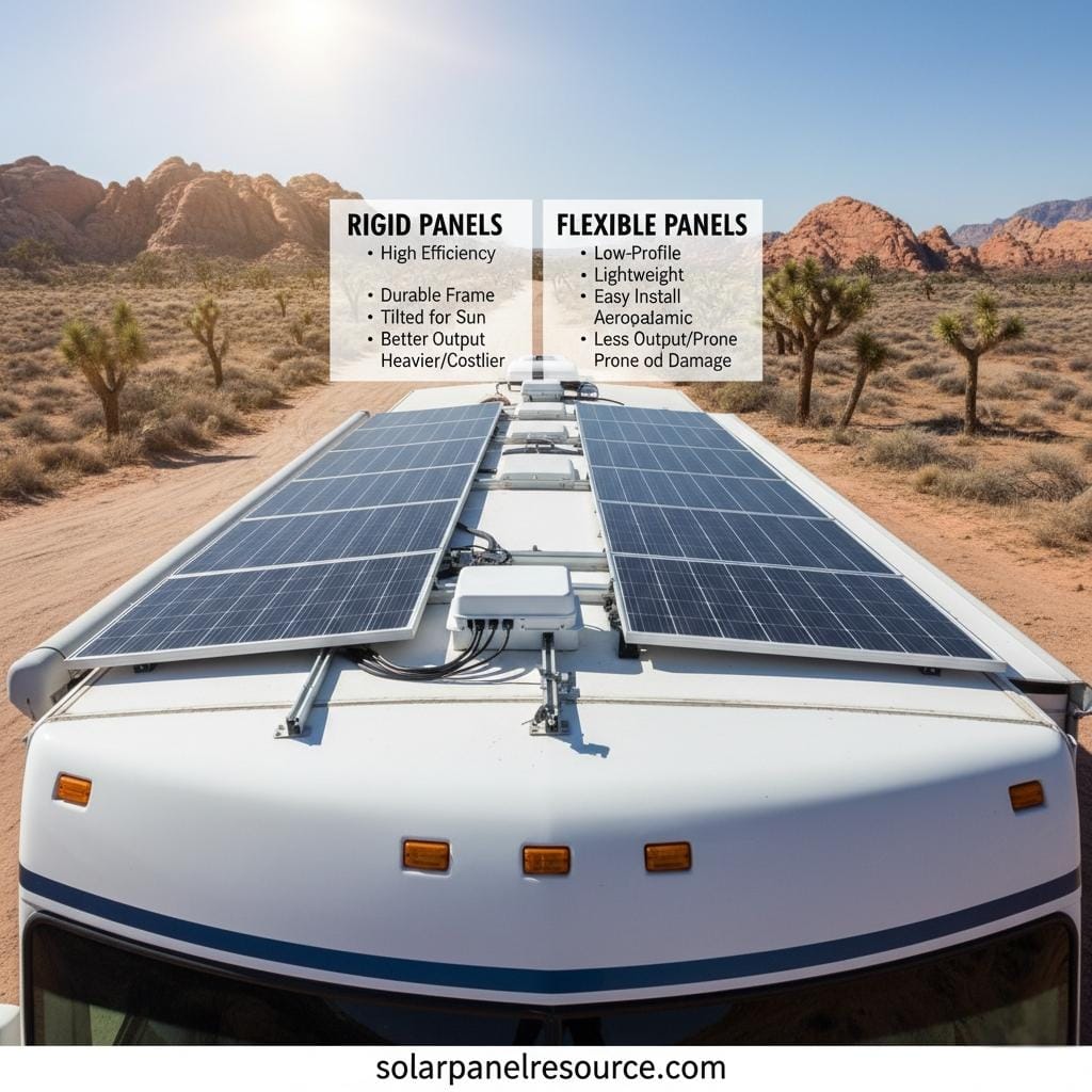 An overhead view of an RV or camper with solar panels on its roof, driving through a desert landscape with Joshua trees and mountains under a clear sky. Overlaid on the image is a comparison of "RIGID PANELS" and "FLEXIBLE PANELS."
"RIGID PANELS" are listed with attributes:
High Efficiency
Durable Frame
Tilted for Sun
Better Output
Heavier/Costlier
"FLEXIBLE PANELS" are listed with attributes:
Low-Profile
Lightweight
Easy Install
Aerodynamic
Less Output/Prone to Damage
The website "solarpanelresource.com" is at the bottom.