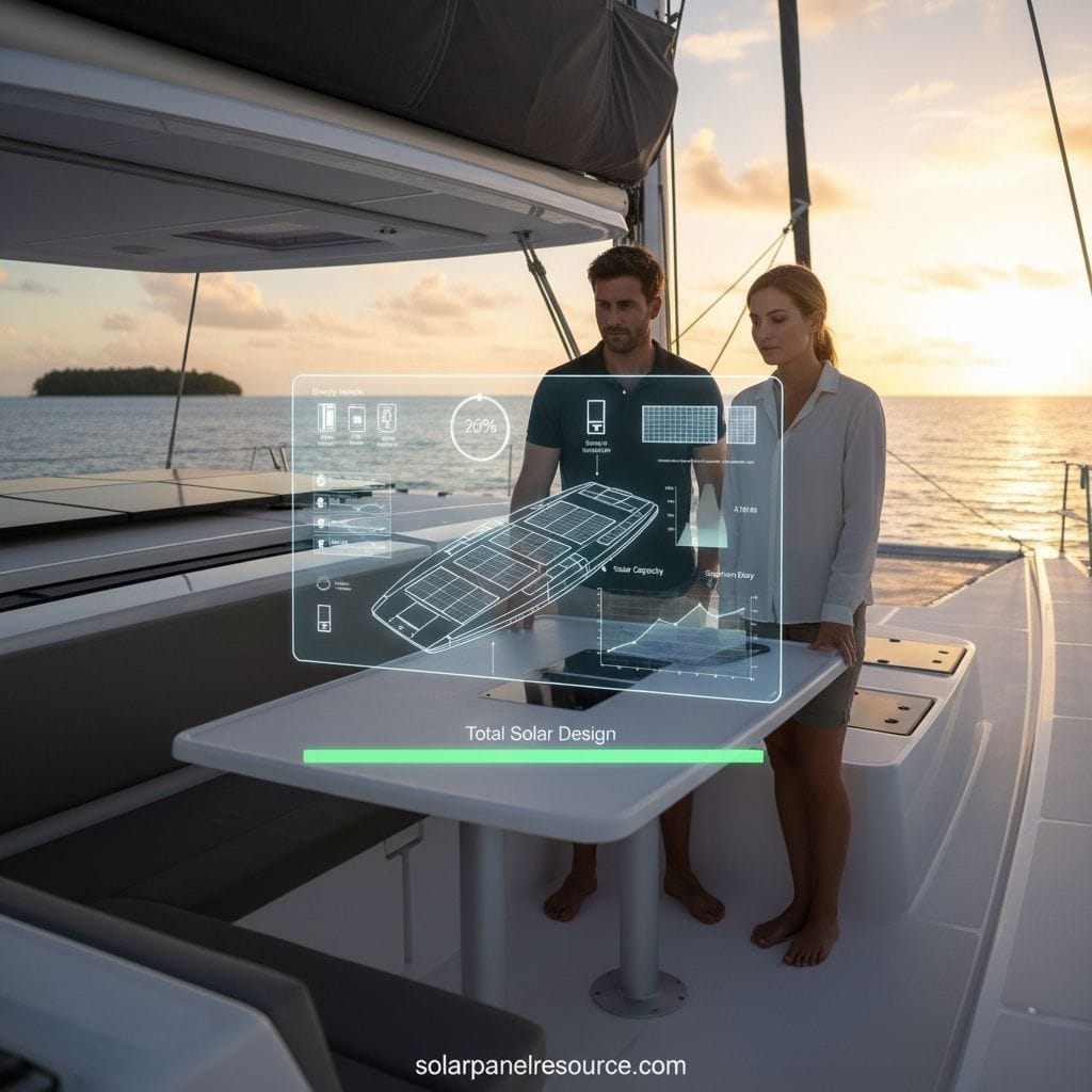 A couple is standing on a catamaran deck at sunset, looking at a holographic display showing "Total Solar Design." The display features a wireframe diagram of the boat with solar panels, along with various metrics like "Battery Reserve," a 75% indicator, "Storage Capacity," and "Energy Flow." The man has a beard and is wearing a dark shirt, while the woman has long blonde hair and is wearing a light-colored shirt and shorts. In the background, the sun is setting over the ocean, with a small island visible in the distance. The website "solarpanelresource.com" is at the bottom.