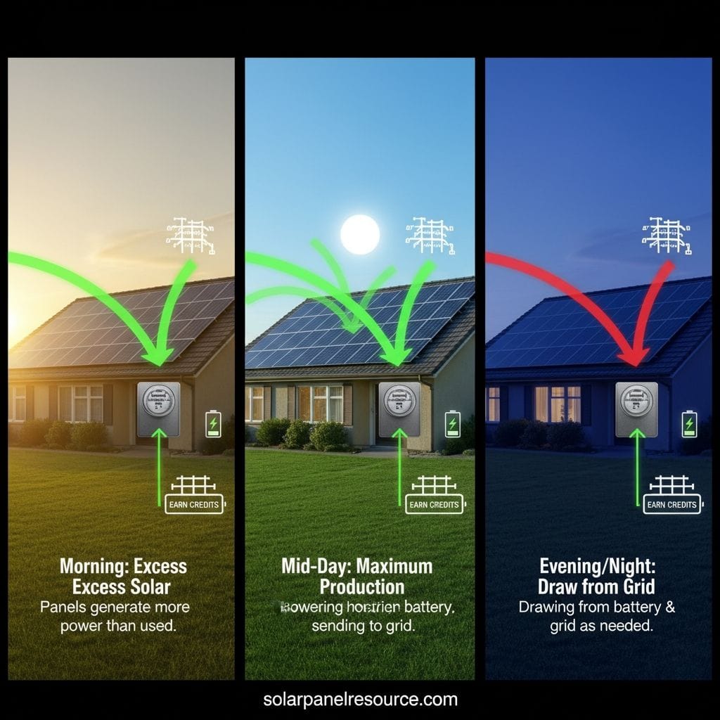 A triptych infographic showing a house with solar panels throughout the day, illustrating solar energy production and consumption. The left panel, "Morning: Excess Solar," depicts a sunrise with green arrows showing solar panels generating more power than used, with excess going to the grid and a battery. Text says "EARN CREDITS." The middle panel, "Mid-Day: Maximum Production," shows a bright sun with green arrows indicating power from panels charging the battery and sending excess to the grid. Text again says "EARN CREDITS." The right panel, "Evening/Night: Draw from Grid," shows a dark sky with a red arrow indicating power being drawn from the grid and a battery as needed. Text still says "EARN CREDITS." All panels feature a smart meter and battery icon. The bottom banner reads "solarpanelresource.com.