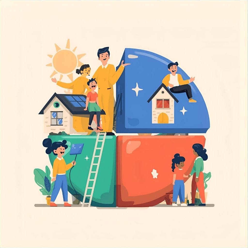 An illustration depicting various people interacting with a large, segmented block that resembles a pie chart or a multi-part structure. In the top left segment (yellow), a man in a yellow jumpsuit gestures towards a small house with solar panels, under a shining sun. A woman and a child are next to him. In the bottom left segment (green), a woman cleans a surface with a mop and bucket, standing on a ladder. In the top right segment (blue), a man sits on a small house, appearing relaxed. In the bottom right segment (red), a woman comforts a child. The overall scene suggests themes of home, energy, work, and family.