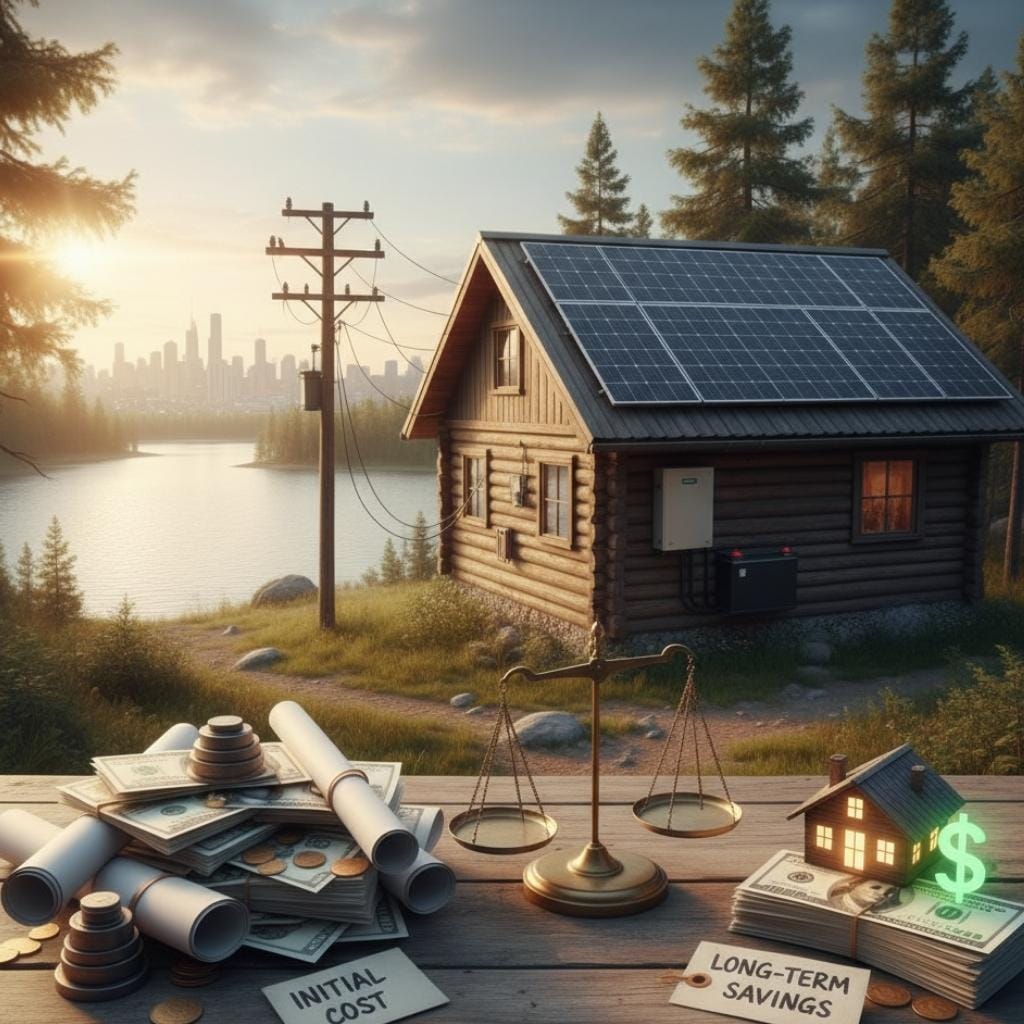 A scenic image contrasting initial solar costs with long-term savings, set against a backdrop of a solar-equipped cabin by a lake. In the foreground, on a wooden table, there are stacks of money and rolled-up blueprints labeled "INITIAL COST" on the left, balanced by a traditional brass scale. On the right, more stacks of money are topped with a glowing miniature house and a prominent green dollar sign, labeled "LONG-TERM SAVINGS." In the background, a rustic log cabin with solar panels on its roof stands by a serene lake, connected to power lines. A city skyline is visible in the distance across the water, and pine trees frame the scene under a sunset sky.