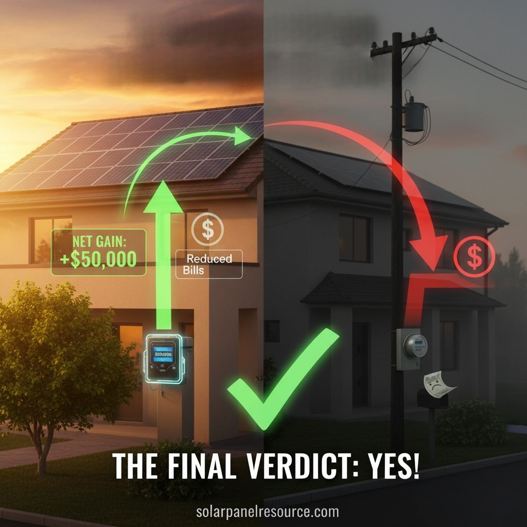 An infographic titled "THE FINAL VERDICT: YES!" comparing a house with solar panels to one without. The left side, depicting a sunny house with solar panels, shows a green arrow indicating a "NET GAIN: +$50,000" and "Reduced Bills." A smart meter box is visible. The right side, a darker house without solar panels, shows a red arrow indicating money flowing out, with a dollar sign icon and a sad face on an electricity bill next to a traditional meter. A large green checkmark is centered at the bottom, and "solarpanelresource.com" is at the very bottom.