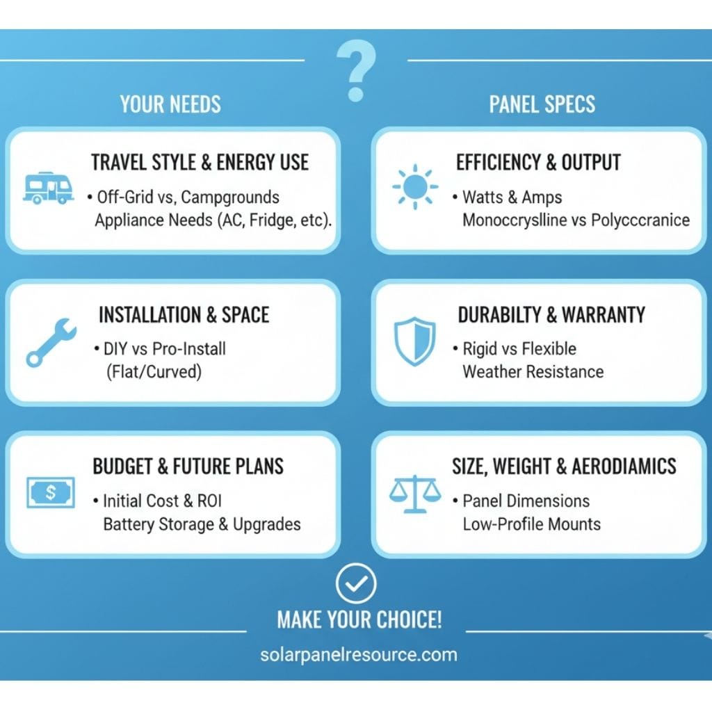 An infographic titled "YOUR NEEDS" and "PANEL SPECS" guides choosing solar panels. Under "YOUR NEEDS," there are three sections: "TRAVEL STYLE & ENERGY USE" (Off-Grid vs. Campgrounds, Appliance Needs), "INSTALLATION & SPACE" (DIY vs Pro-Install, Flat/Curved), and "BUDGET & FUTURE PLANS" (Initial Cost & ROI, Battery Storage & Upgrades). Under "PANEL SPECS," there are also three sections: "EFFICIENCY & OUTPUT" (Watts & Amps, Monocrystalline vs Polycrystalline), "DURABILITY & WARRANTY" (Rigid vs Flexible, Weather Resistance), and "SIZE, WEIGHT & AERODYNAMICS" (Panel Dimensions, Low-Profile Mounts). A checkmark and "MAKE YOUR CHOICE!" appear at the bottom, followed by "solarpanelresource.com."