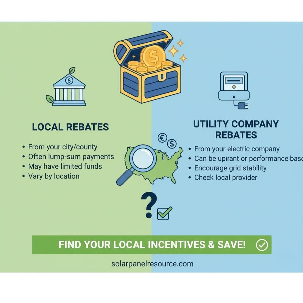 An infographic titled "FIND YOUR LOCAL INCENTIVES & SAVE!" that compares "LOCAL REBATES" and "UTILITY COMPANY REBATES." The left, green side for "LOCAL REBATES" lists: "From your city/county," "Often lump-sum payments," "May have limited funds," and "Vary by location," with an icon of a building with a dollar sign. The right, blue side for "UTILITY COMPANY REBATES" lists: "From your electric company," "Can be up-front or performance-based," "Encourage grid stability," and "Check local provider," with an icon of an electricity meter. In the center, a magnifying glass hovers over a map of the United States, and a treasure chest filled with gold coins is at the top. A question mark and a checkmark are below the map. A green banner at the bottom repeats "FIND YOUR LOCAL INCENTIVES & SAVE!" with a checkmark, followed by "solarpanelresource.com.