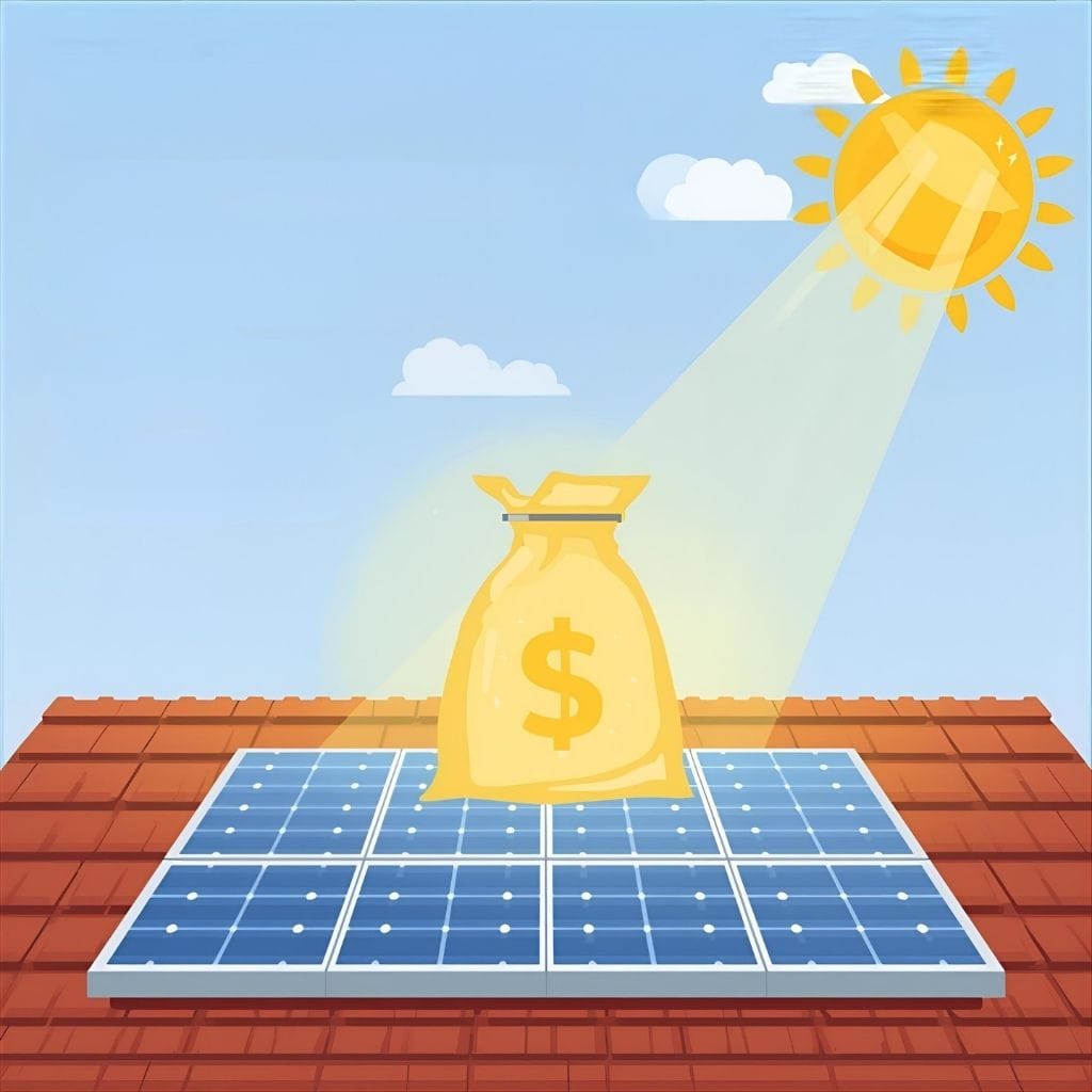 An illustration of a red-tiled rooftop with a grid of solar panels. A large, yellow money bag with a dollar sign on it sits on top of the solar panels. The sun shines brightly in the upper right corner, casting rays directly onto the money bag, suggesting that solar energy leads to financial gain. A few white clouds are in the blue sky.