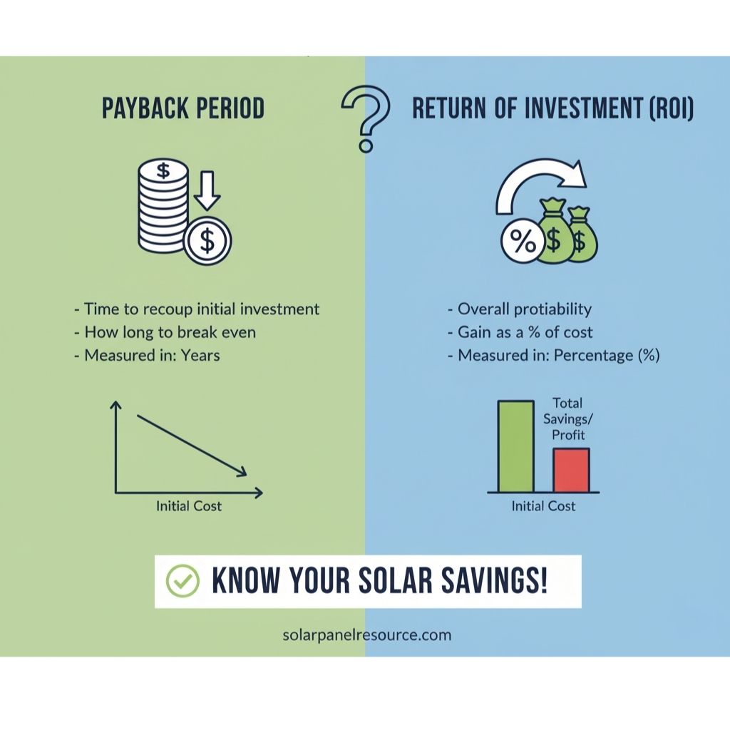 An infographic comparing "PAYBACK PERIOD" and "RETURN OF INVESTMENT (ROI)" for solar panels. The "PAYBACK PERIOD" side (green) explains it as the time to recoup initial investment, how long to break even, and measured in years. It includes an icon of stacked coins and a line graph showing a downward trend for "Initial Cost." The "RETURN OF INVESTMENT (ROI)" side (blue) describes it as overall profitability, gain as a % of cost, and measured in percentage. It features an icon of money bags with a percentage sign and an arrow, and a bar chart comparing "Total Savings/Profit" (green bar) against "Initial Cost" (red bar). A banner at the bottom says "KNOW YOUR SOLAR SAVINGS!" and "solarpanelresource.com.