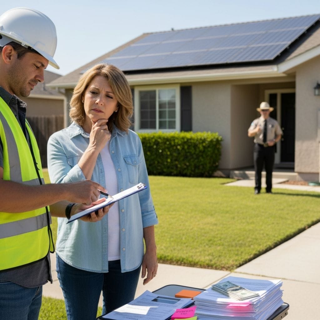 A solar installer, wearing a white hard hat and a yellow safety vest, is showing documents on a clipboard to a concerned-looking woman. She is wearing a light blue denim shirt and has her hand on her chin. In the background, a house with solar panels on its roof is visible, and a man in a hat and uniform stands further back in the yard. In the foreground, there are stacks of papers and cash on a table. The scene appears to be an interaction about solar panel installation or inspection.